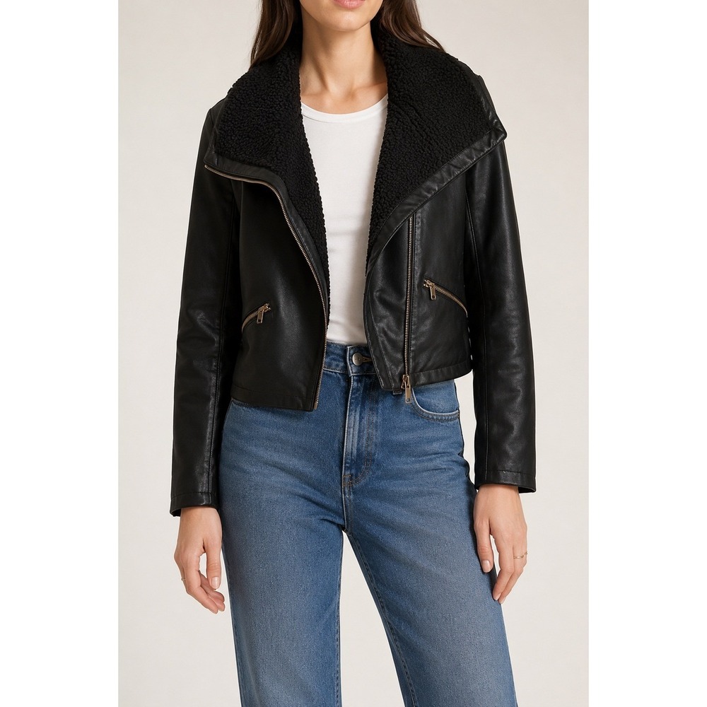 Baccini Black Faux Leather Moto Jacket Cropped Sherpa Collar Asym Zip Womens S